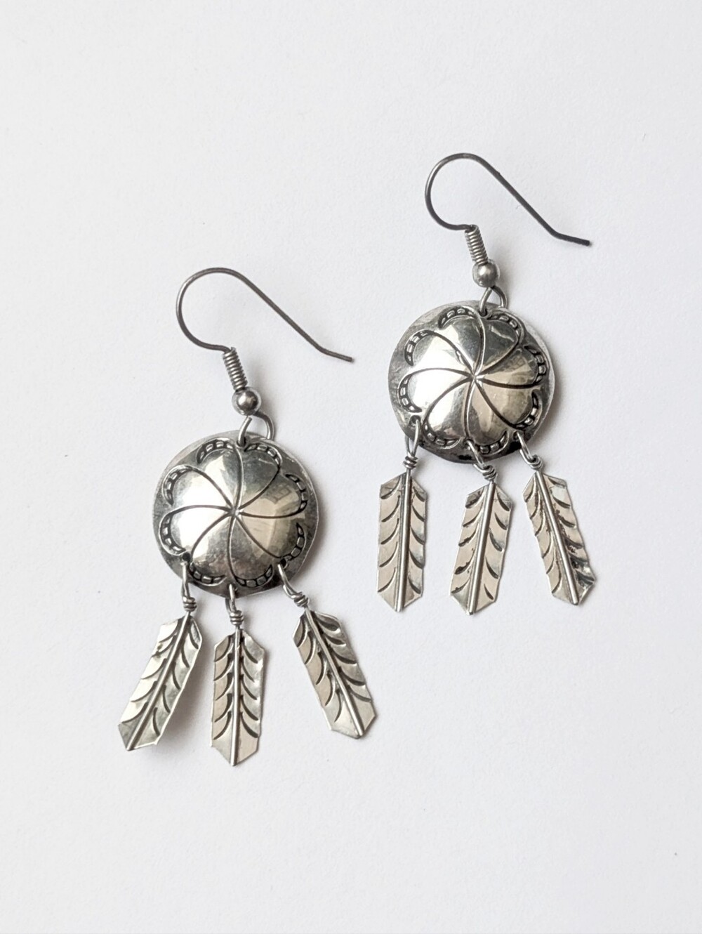 Native American sterling silver earrings dream catcher concho feather dangle 925
